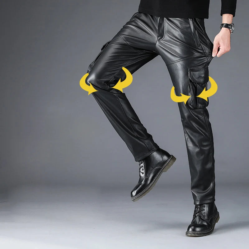Men, Women's Multi Pockets Motorcycle Soft Waterproof Windproof Biker Faux Leather Cargo Pants