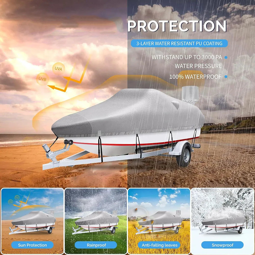 Boat Cover, Heavy Duty 420D Silver-coated Oxford Cloth Trailerable Boat Covers,Waterproof & Sun-proof,For Fish Boat,V-Hull Boat