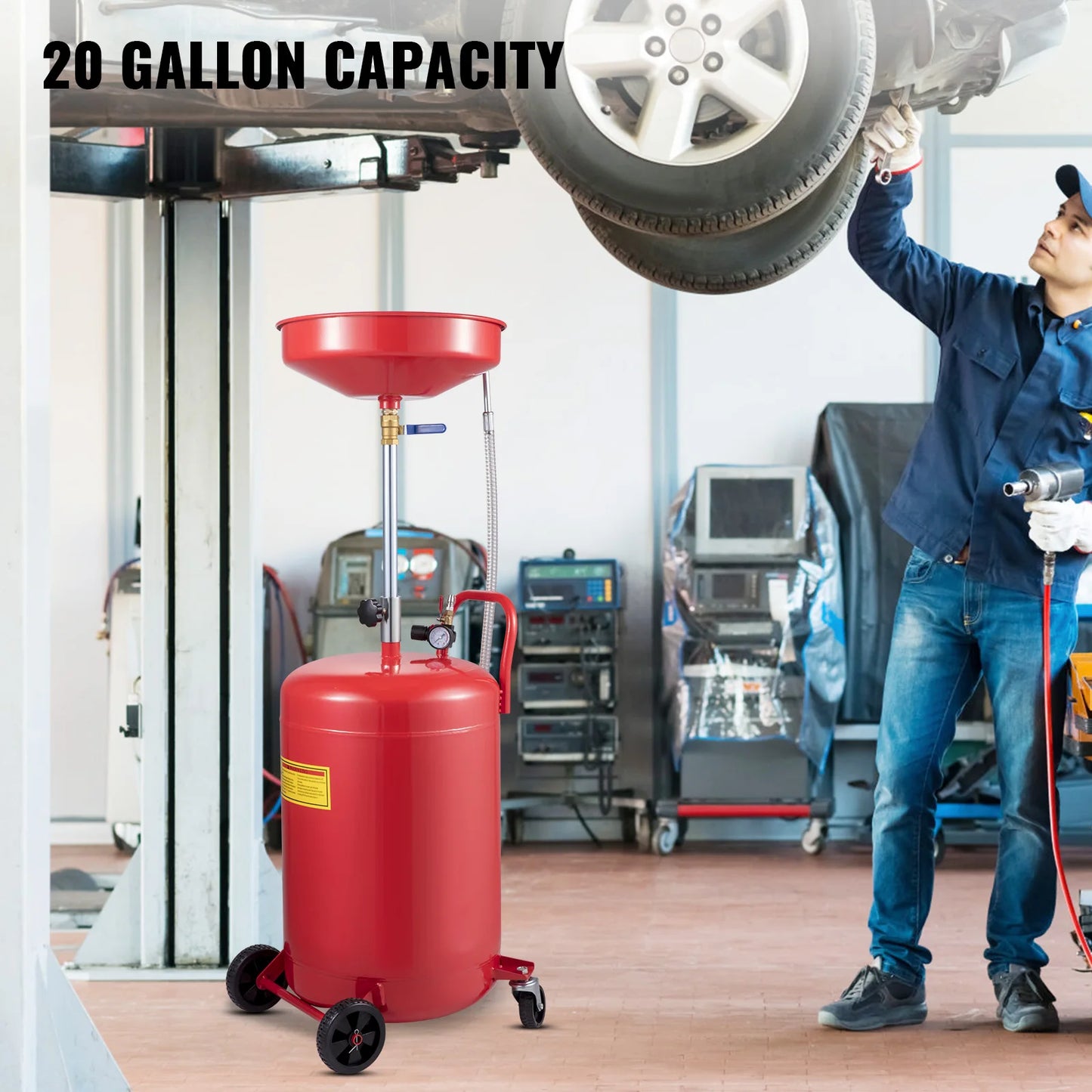 20 Gallon Waste Oil Drain Tank, Air Operated Drainer with Pressure Regulating Valve for Fluid Fuel Transfer Drainage