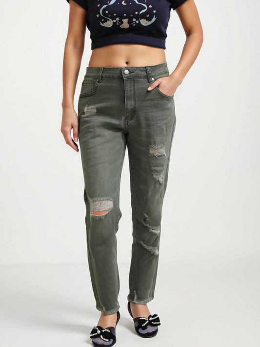 Women's Olive Green Distressed  Jeans - Casual Ripped Style