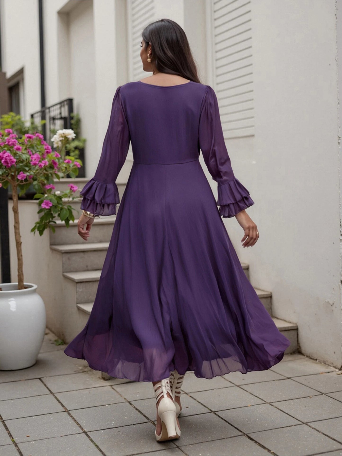 Elegant Maxi Dress Stylish V-Neck Long Sleeve