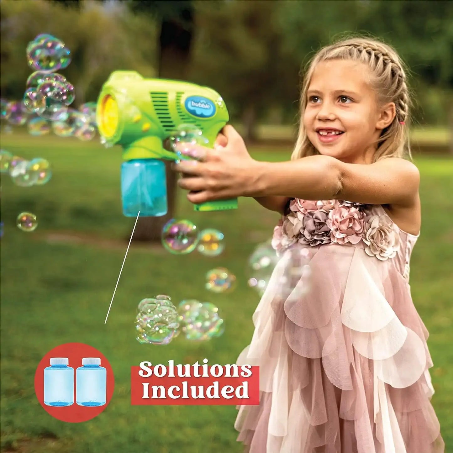2 pack Bubble Gun with 10 oz Bubble Refill Solution. Bubble Maker, Blower Toy for Kids Outdoor Play