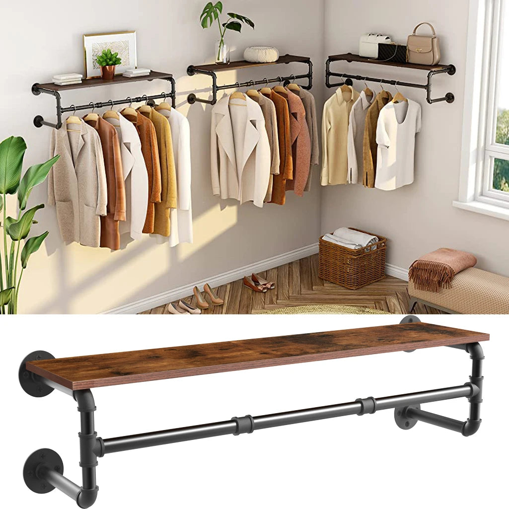 Industrial Pipe Clothing Rack, Wall Mounted  Pipe Shelving with wooden top shelf