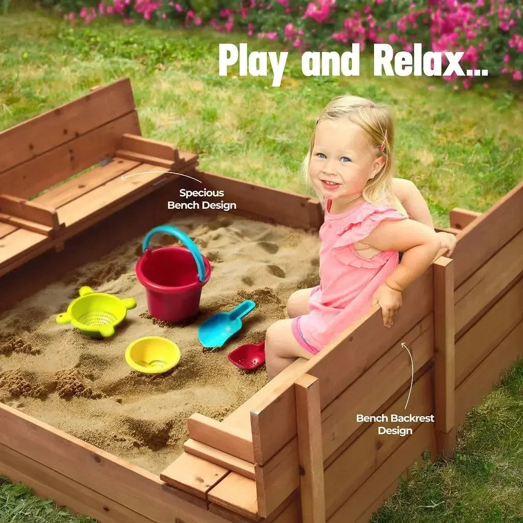 Large Wooden Kids Sandbox with Lid – Outdoor Sand Box for Kids with Cover, Foldable Bench Seats and Bottom Liner