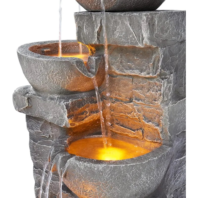 33 inch Cascading Bowls and Stacked Stones LED Outdoor Water Fountain
