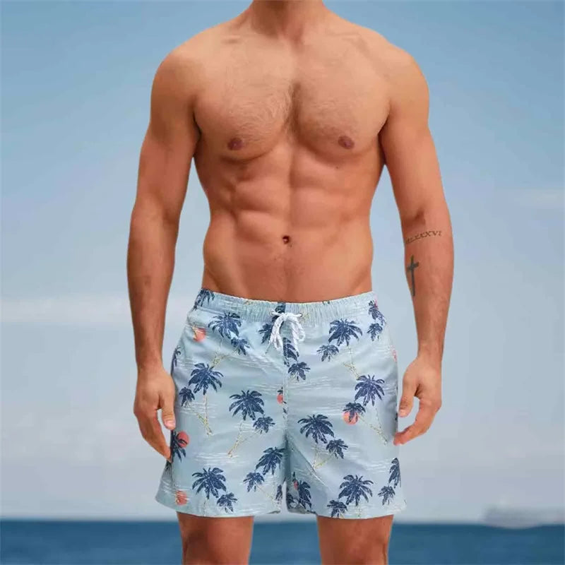 Men s Swim Trunks Quick Dry Beach Shorts with Drawstring Elastic Waistband Tropical Palm Leaf Print Swimwear for Summer