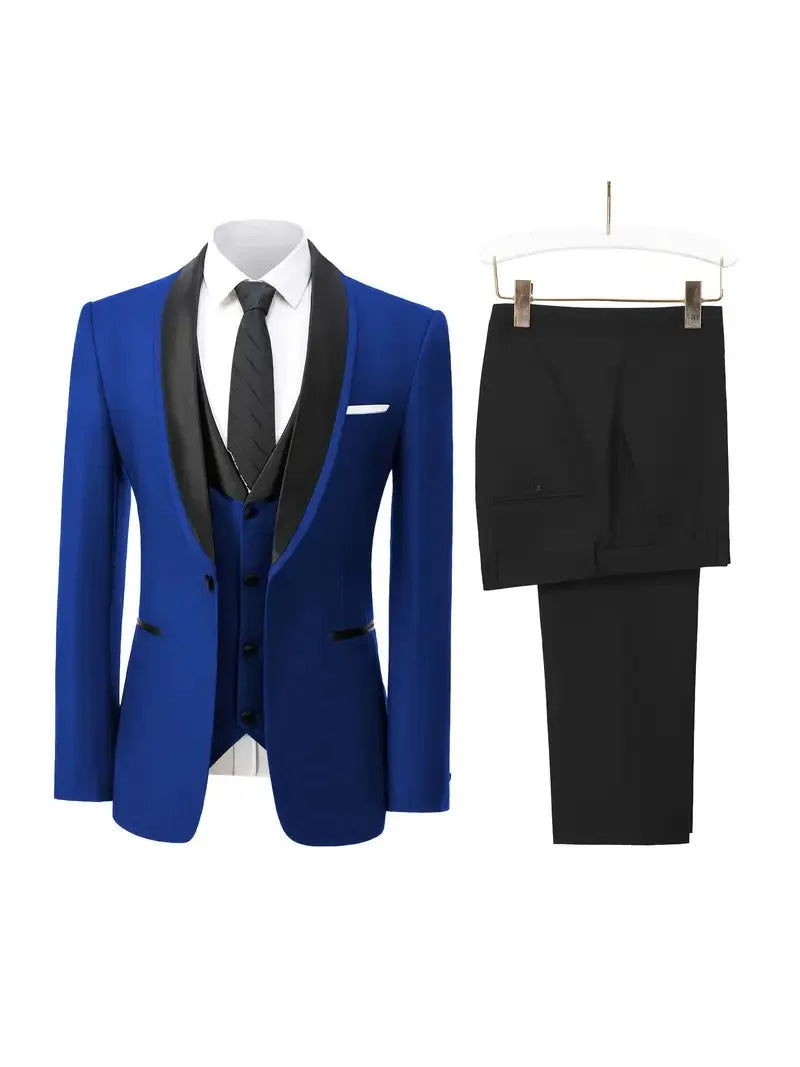 Slit Men's Suits 3 Piece Black Shawl Lapel Casual Tuxedo (Blazer+Vest+Pant)