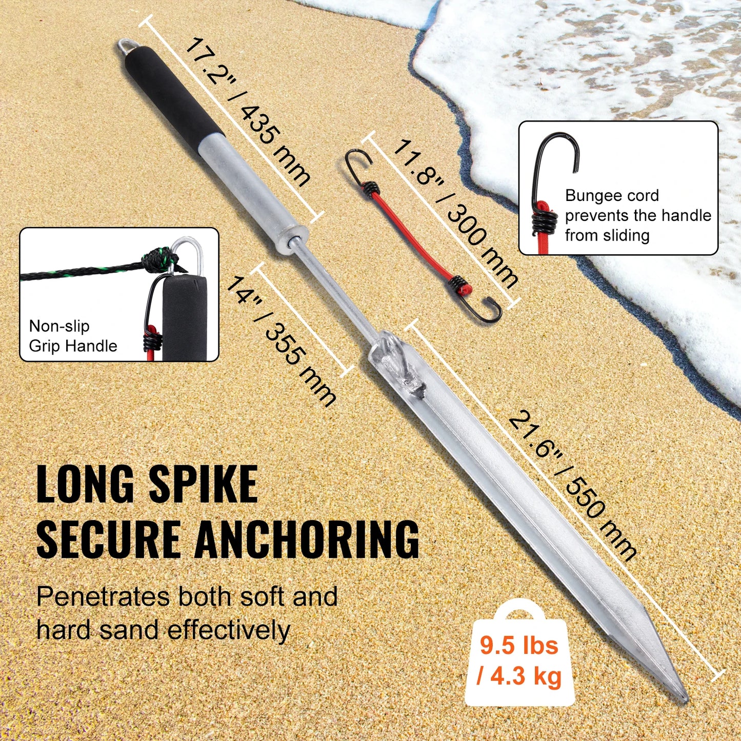 Sand Spike Boat Anchor Pole, 36" Galvanized Carbon Steel Slide Anchor Shore Spike Anchor for Small Boat Jetski Pontoon