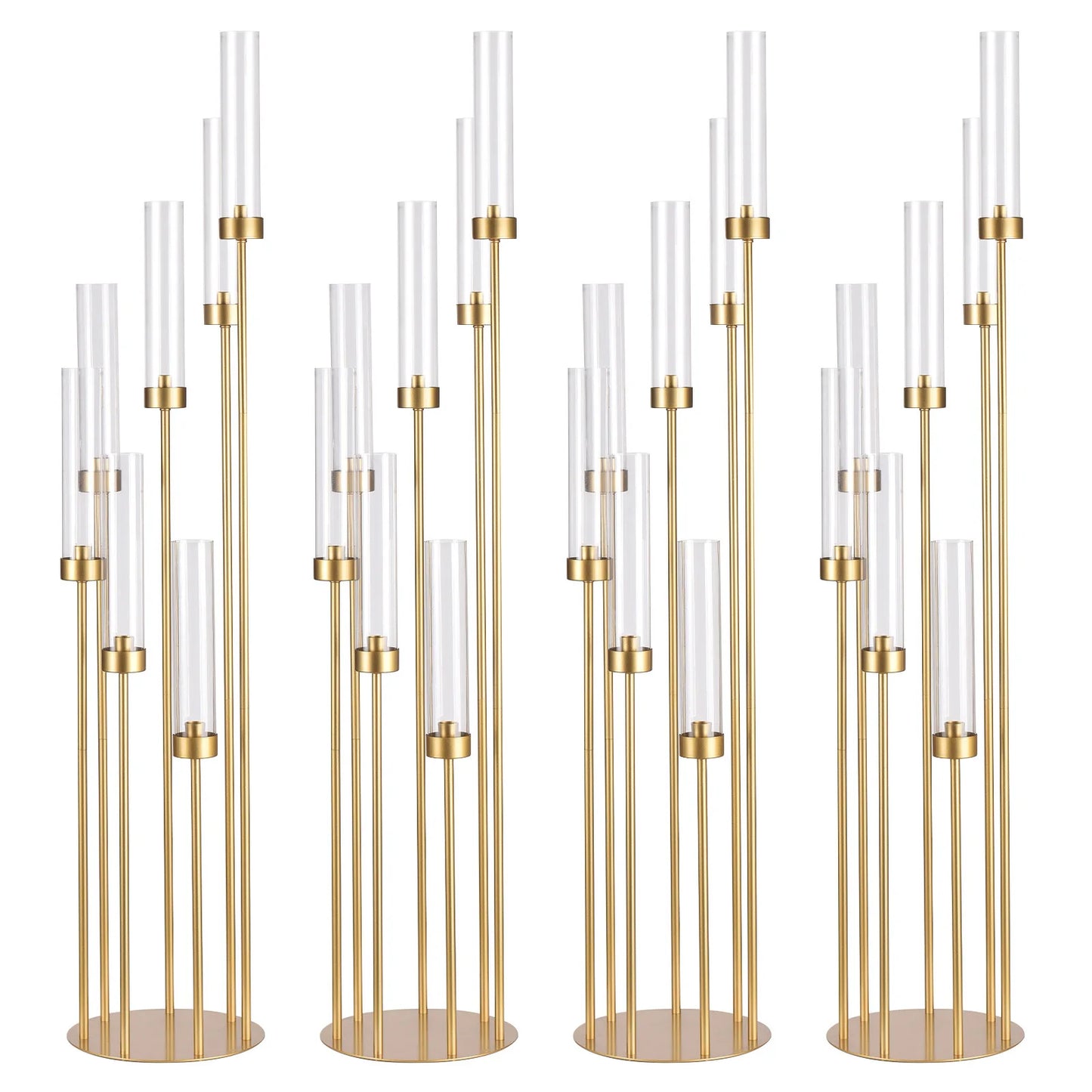 4 Sets, 7 Arms Floor Candelabra Wedding Centerpieces. Gold 48" Tall Metal Candlestick Holders with Acrylic Removable Lampshade