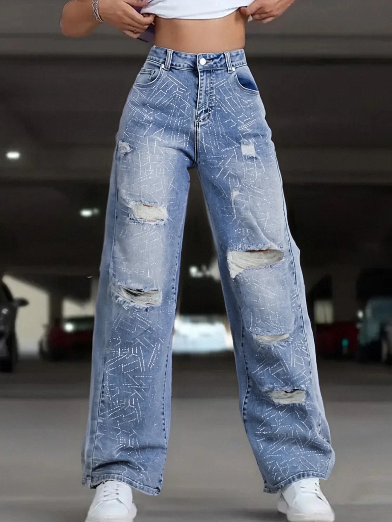 Women's Light Blue Wide-Leg Jeans, Distressed Design