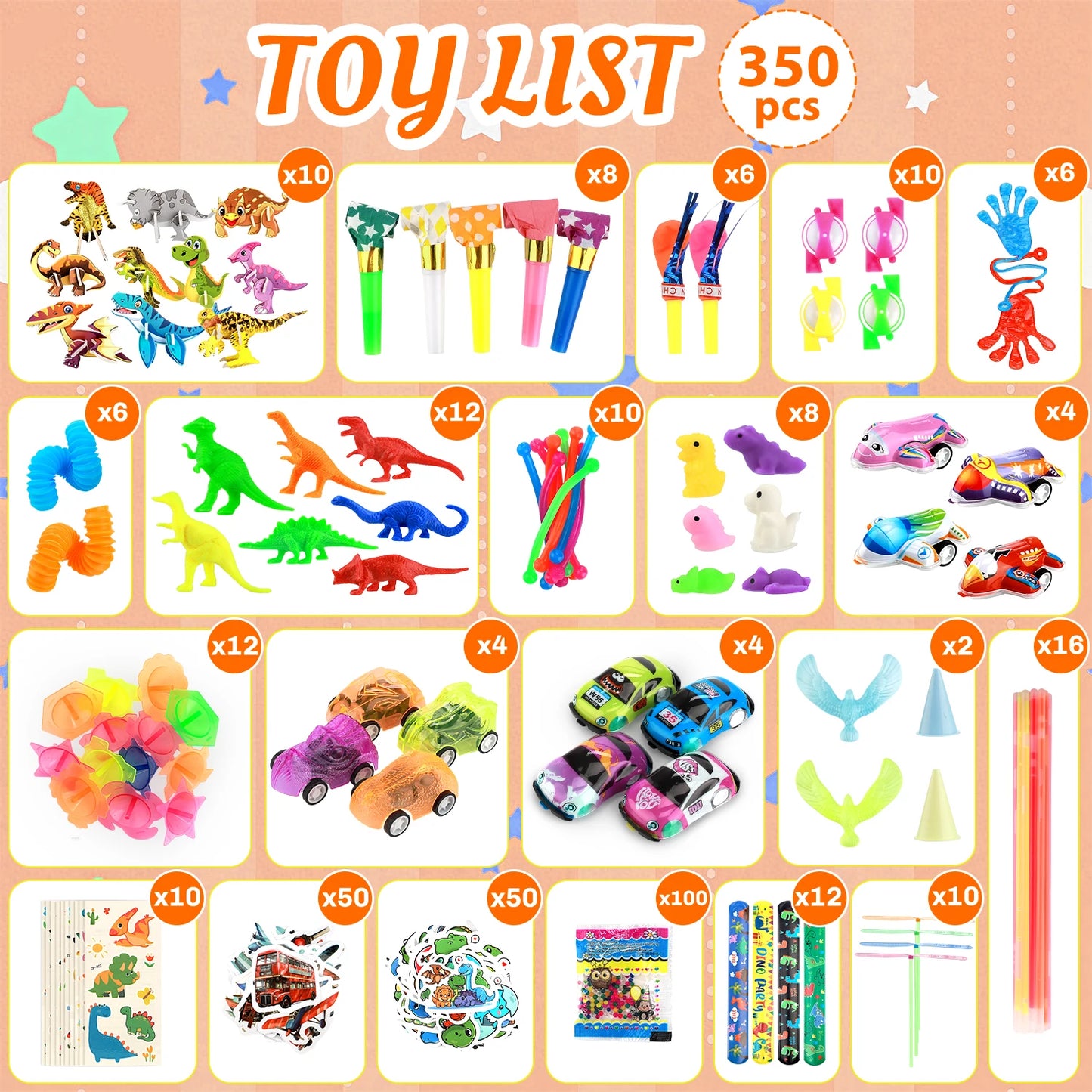 350Pcs Kids Party Favor Set, Kids Birthday Toys with Snap Bracelets, Toy Cars, Dinosaur Stickers ,Carnival Prize ,Fun Gifts