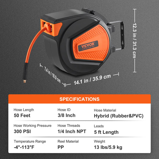 50FT Retractable Air Hose Reel Wall-Mounted PVC Hose Automatic Rewinding, Swivel Compressor