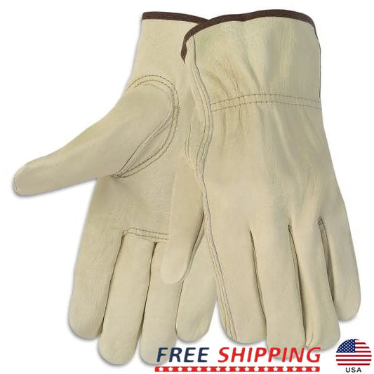 Durable Cowhide Leather Work Gloves 2 Pair Flexible Keystone Thumb Unisex Medium Size