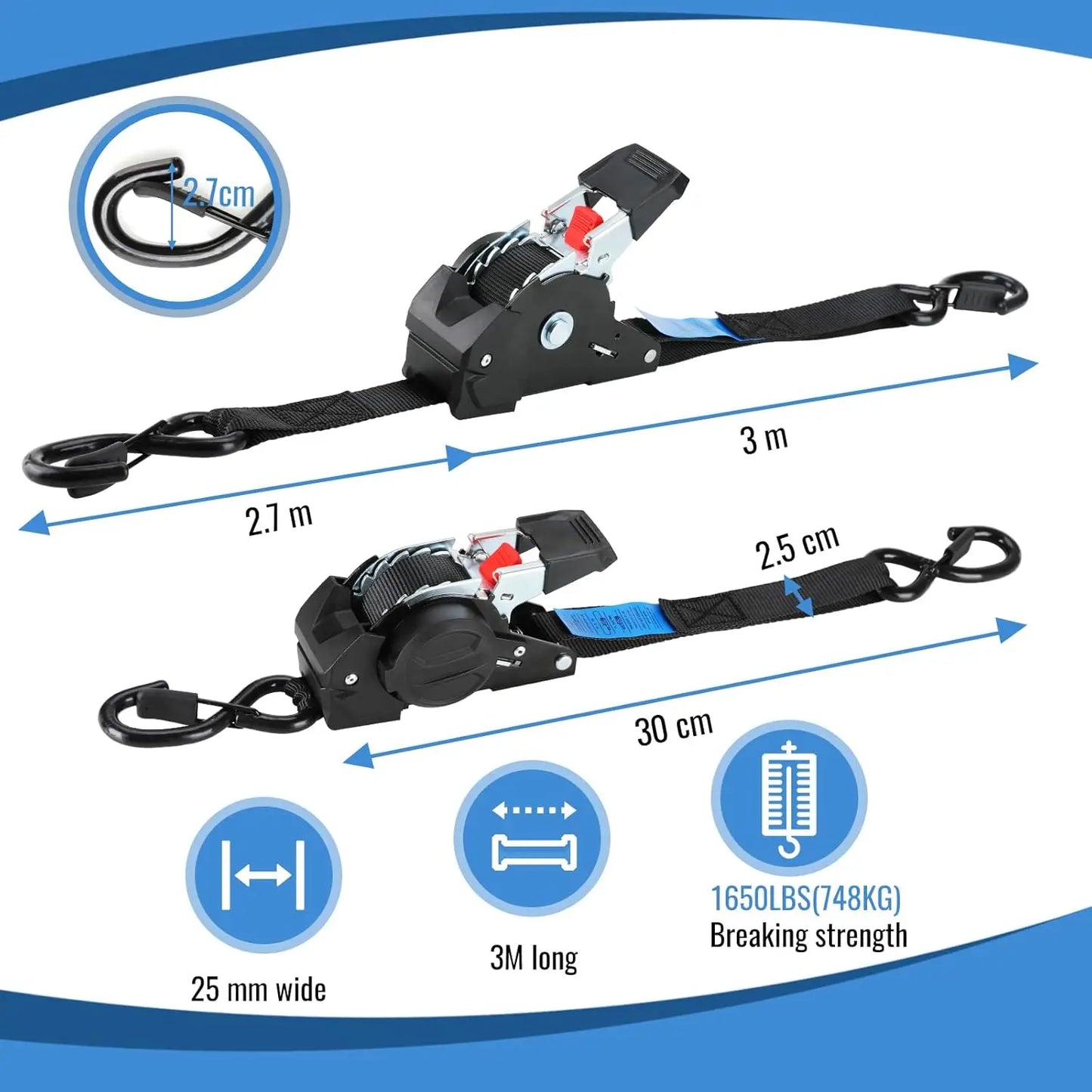 Automatic Ratchet Straps, 2/4/8Pcs, 3Mx25mm, Self-retracting Ratchet Straps with S-hooks 748Kg Breaking Strength Tie-down Straps