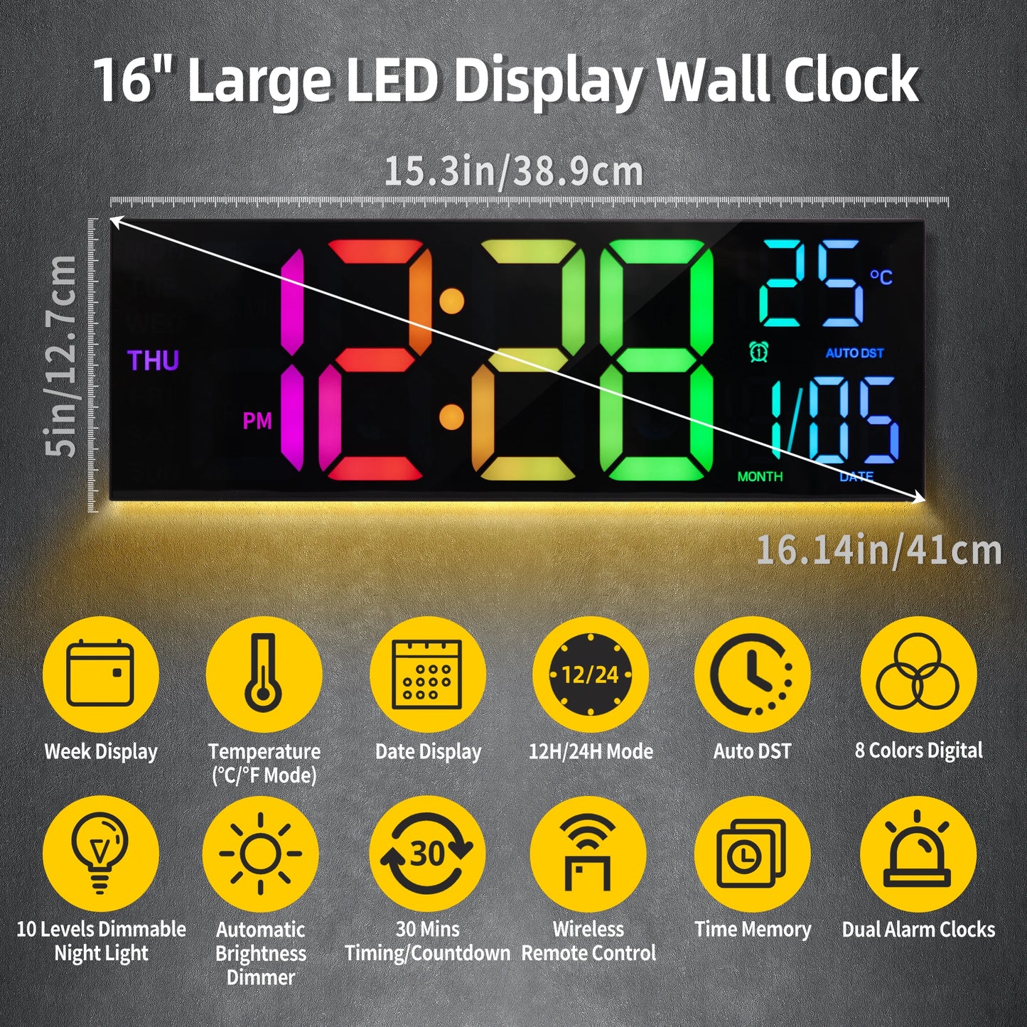 16" Large Digital Wall Clock, Big LED Display with Remote, 8 RGB Color, Alarm, Temperature