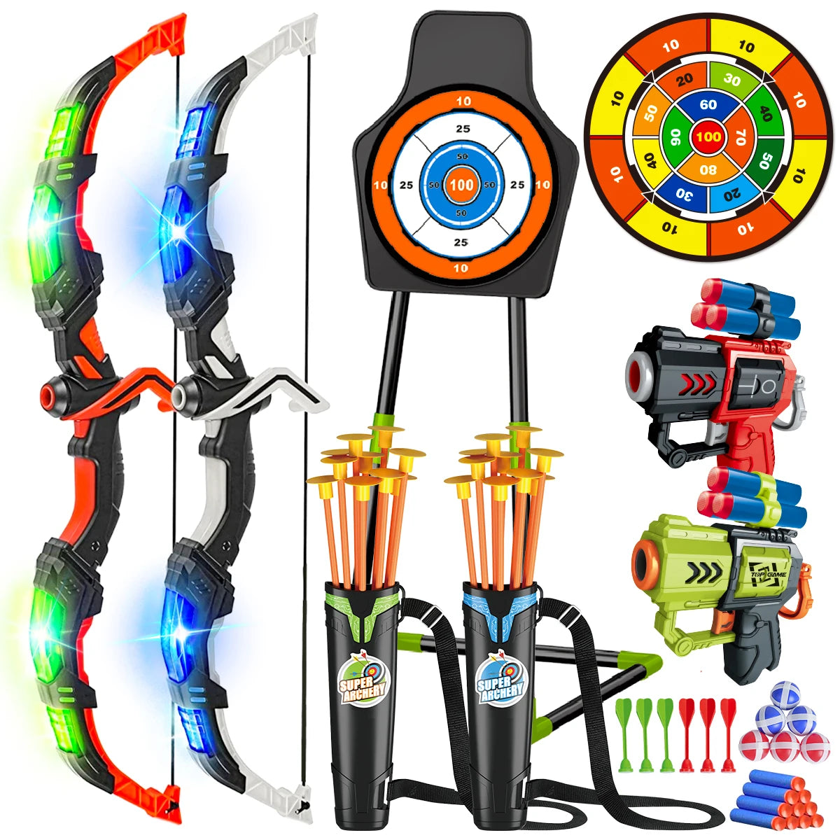 2X Bow & Arrow Toy, 3-12 Years Old Boys & Girls. Light Up Archery with Suction Cup Stand, Target Dart Board Indoor, Outdoor Toys