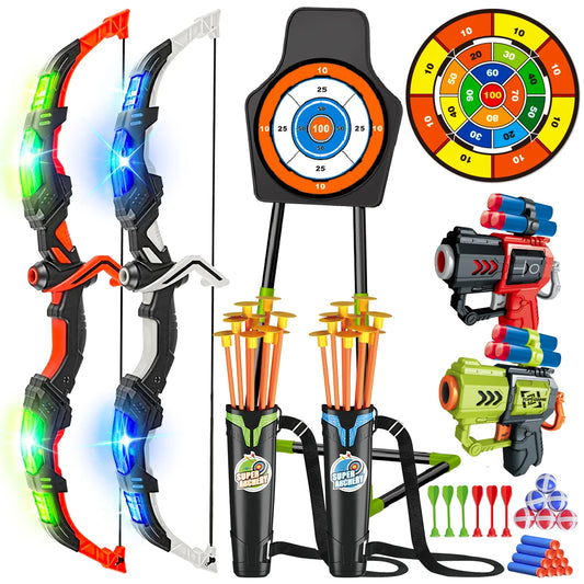 2X Bow & Arrow Toy, 3-12 Years Old Boys & Girls. Light Up Archery with Suction Cup Stand, Target Dart Board Indoor, Outdoor Toys