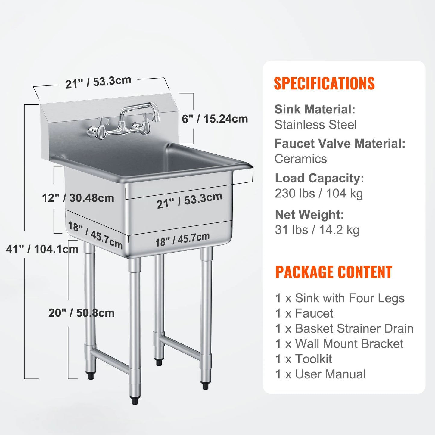 Stainless Steel Prep & Utility Sink, Free Standing Small Sink. Commercial Single Bowl Sinks for Garage Restaurant Kitchen