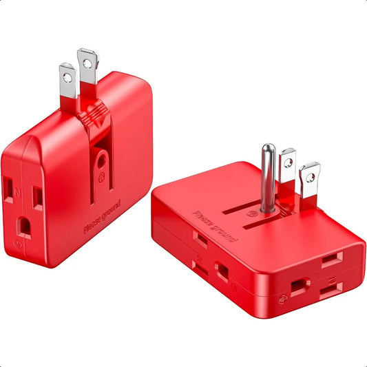 Red 3Prong Outlet Splitter Plug Extender Converts 2 to 3 or 3 to 2 Prong Wall Adapter Side Plugs for Wall Outlet Rotating