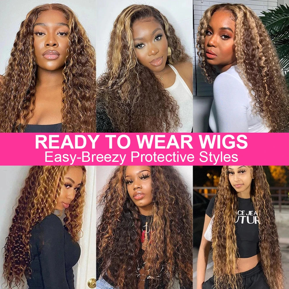 Wear and Go Glue less Wigs, Highlight Ombre Curly Wigs Brown 13x4 HD Lace Frontal Human Hair Wigs