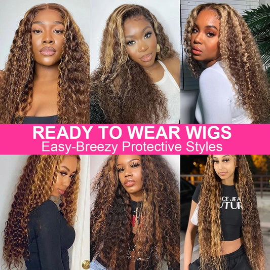 Wear and Go Glue less Wigs, Highlight Ombre Curly Wigs Brown 13x4 HD Lace Frontal Human Hair Wigs