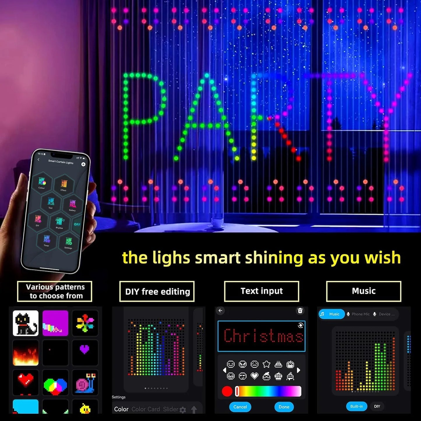 Smart LED Curtain Light, APP Control RGB Dimmable DIY Pattern. Music Ambient Lighting For Home Holiday Party, Decoration