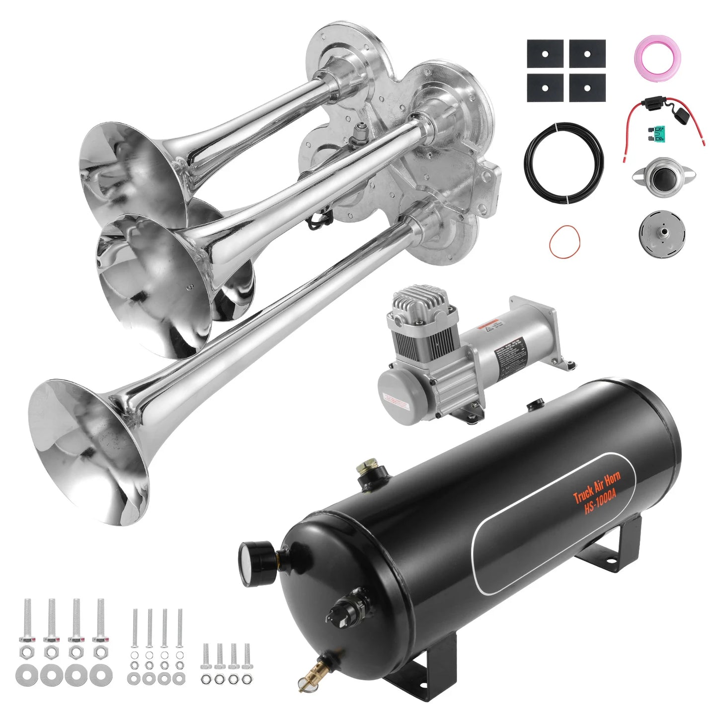 Train Horns Kit, 4 Trumpet Air Horn Kit, 150dB Train Horns 12V 120 psi Air Compressor for Car Truck Train Van Boat Pickup