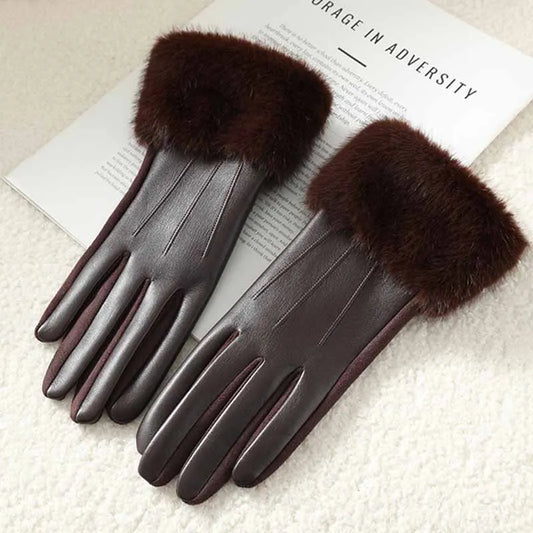 Winter Luxury Women's  Leather Gloves, Wrist Length Soft Faux Fur Trim Cuff
