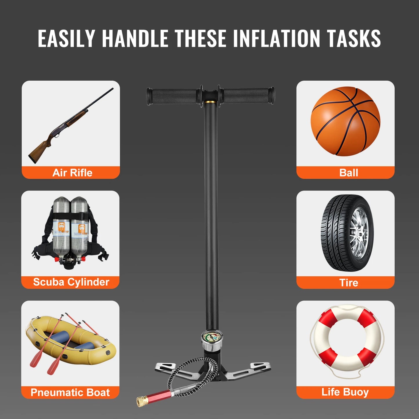 Manual 3 Stage PCP Pump + Pressure Gauge. Tire, Ball, Inflatable Air Gun Filling Stirrup High Pressure Hand Pump