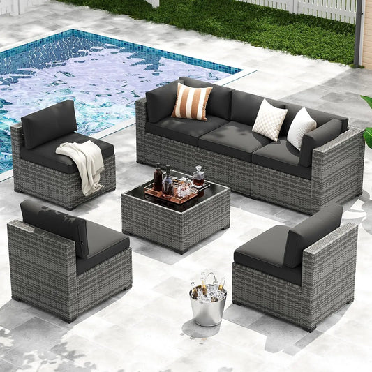 7-Piece Patio Furniture Set, Wicker Rattan Outdoor Furniture with Thick Cushions