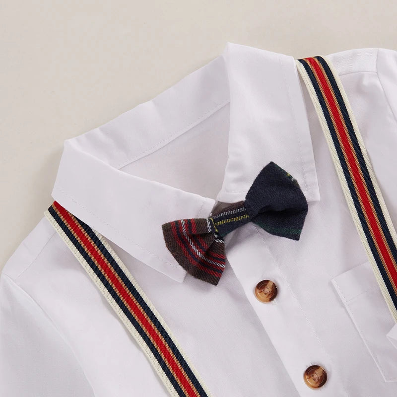 Toddler Boy Formal Wear Stylish Long Sleeve Shirt with Bowtie and Plaid Suspender Pants 2 Piece Set for Special Occasions