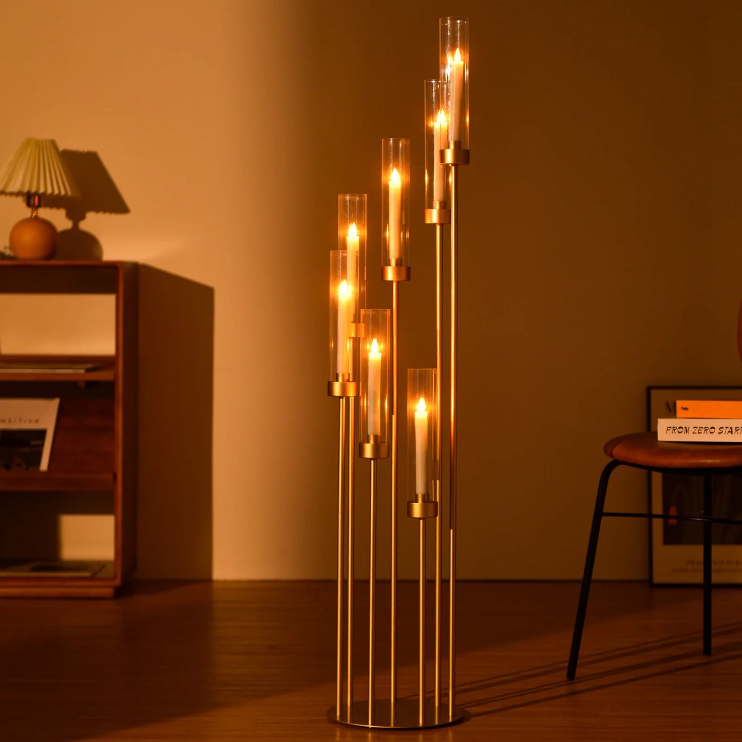4 Sets, 7 Arms Floor Candelabra Wedding Centerpieces. Gold 48" Tall Metal Candlestick Holders with Acrylic Removable Lampshade