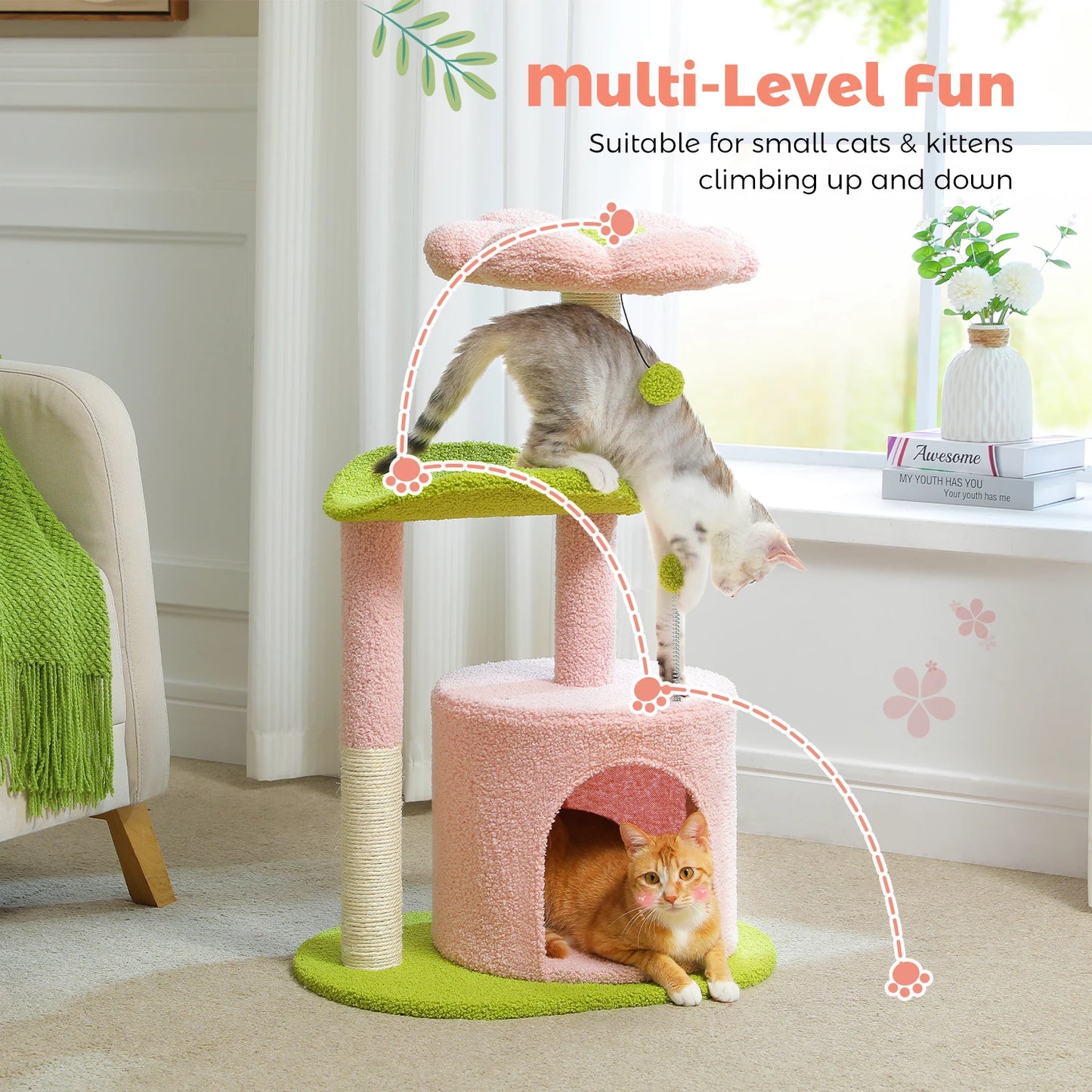 Flower Cat Tree for Cats, Small Cat Tower with Sisal Scratching Post, Soft Condo, Plush Perches, Fluffy Balls, Cat Toys
