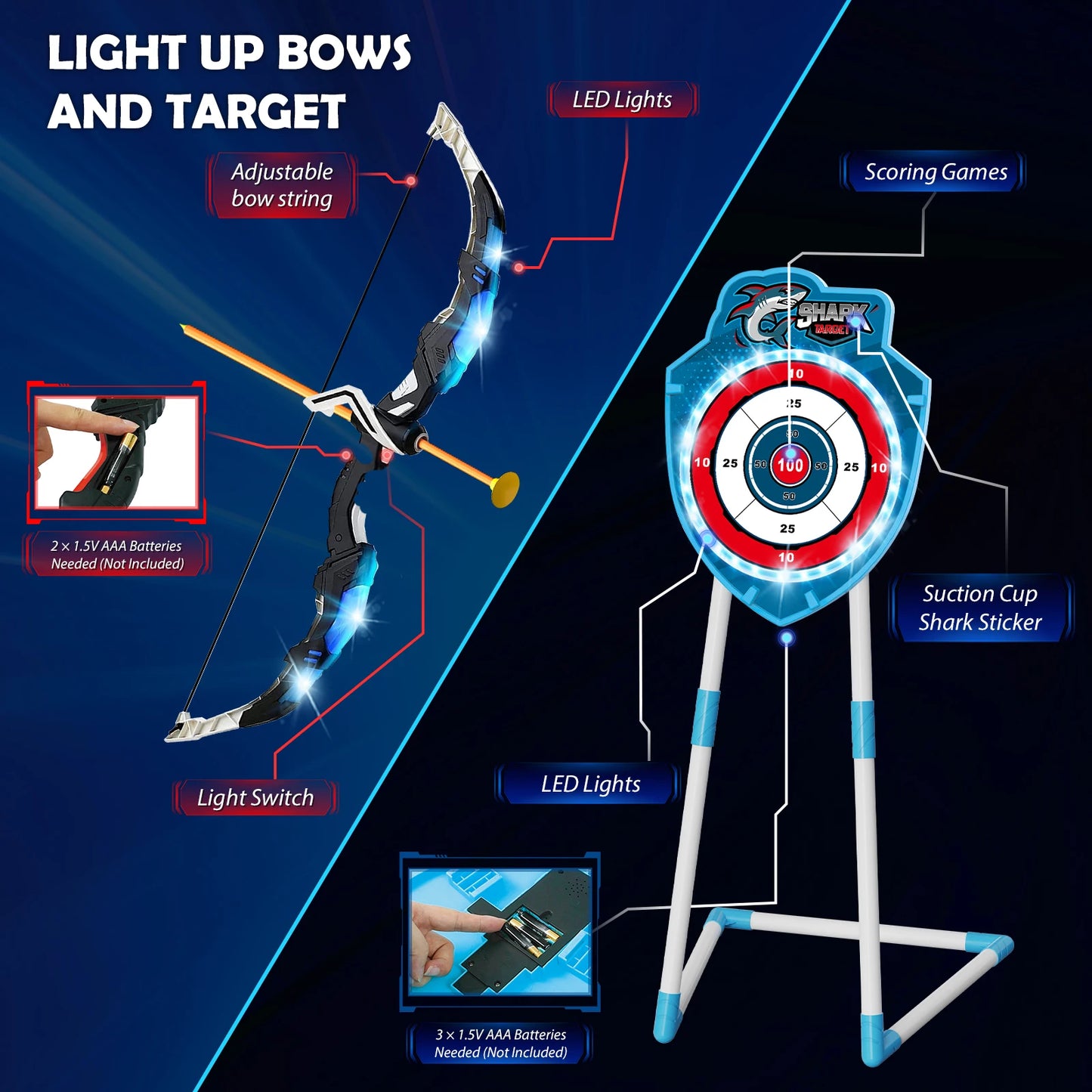 Night-Light Bow Arrow plus pistol Toy For Kids, Archery Stand Target Board Indoor Outdoor Game