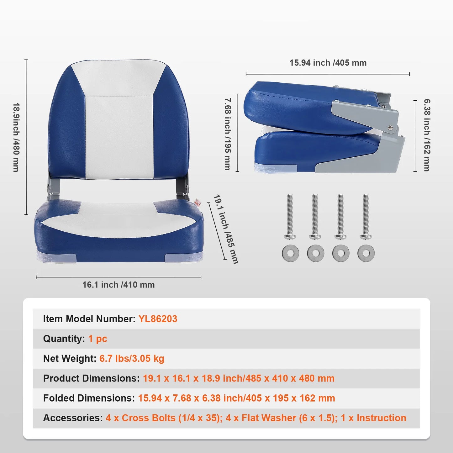 Boat Seat 18.9" Low Back Folding Chair, with Thickened Sponge Padding & Hinge Fold-Down