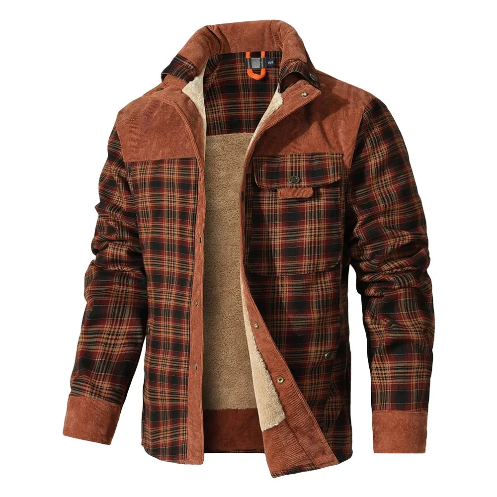 Men's Jacket Windproof Warm Casual Bomber Coat Plaid Sherpa Lined Flannel