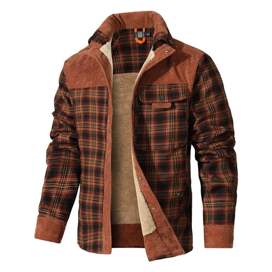 Men's Jacket Windproof Warm Casual Bomber Coat Plaid Sherpa Lined Flannel