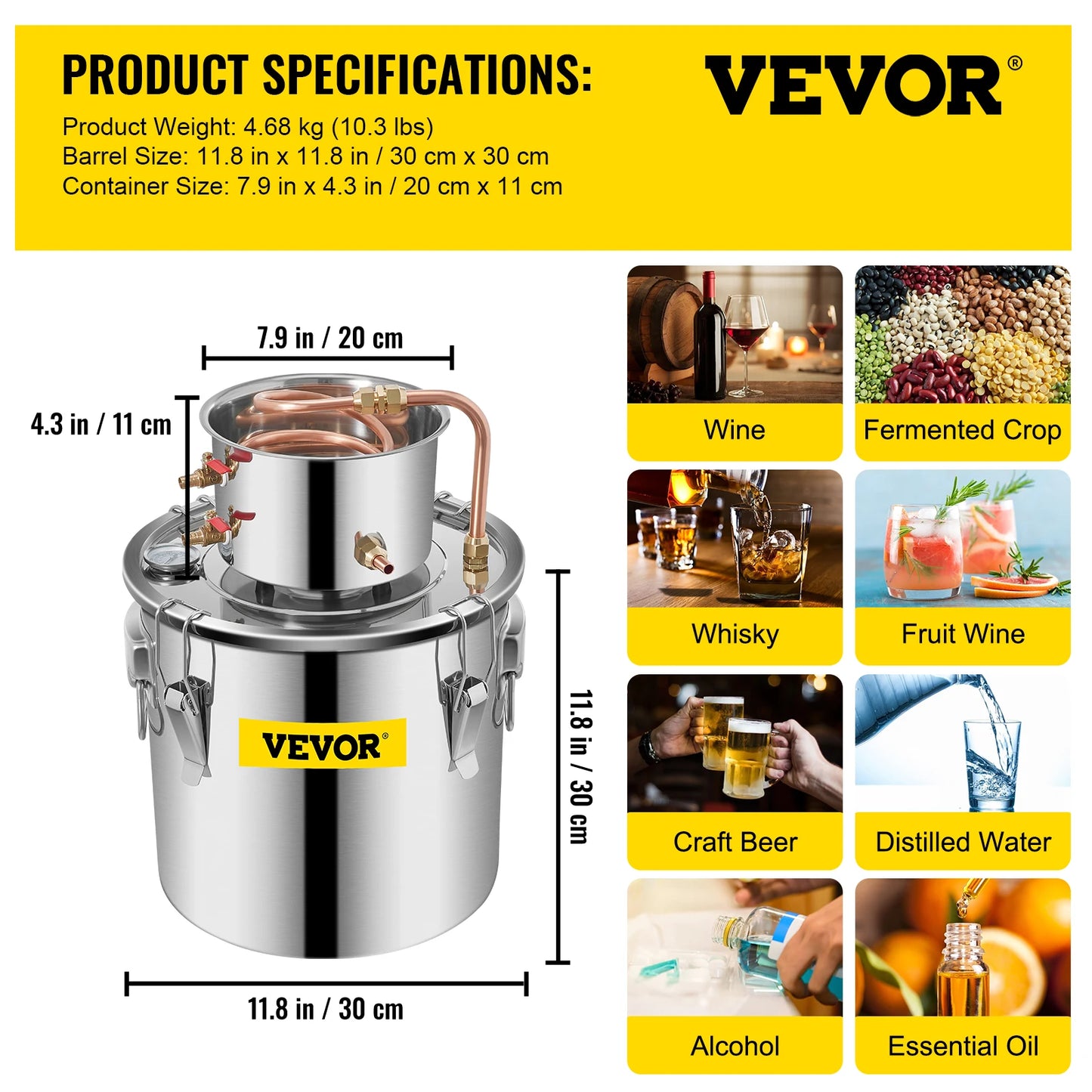3, 5, 8, 13 Gal Distiller, Alcohol Still Stainless Copper DIY Home Brewing Kit