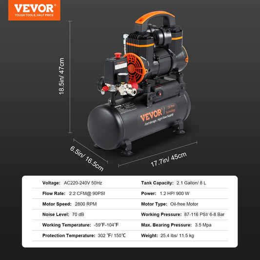 Silent Air Compressor, 900W/1450W/1800W. 120/240 V Quiet Oil-free Portable Air Pump. Inflates Tires, Balls, Air Mattress, Water Sports, Power Tools