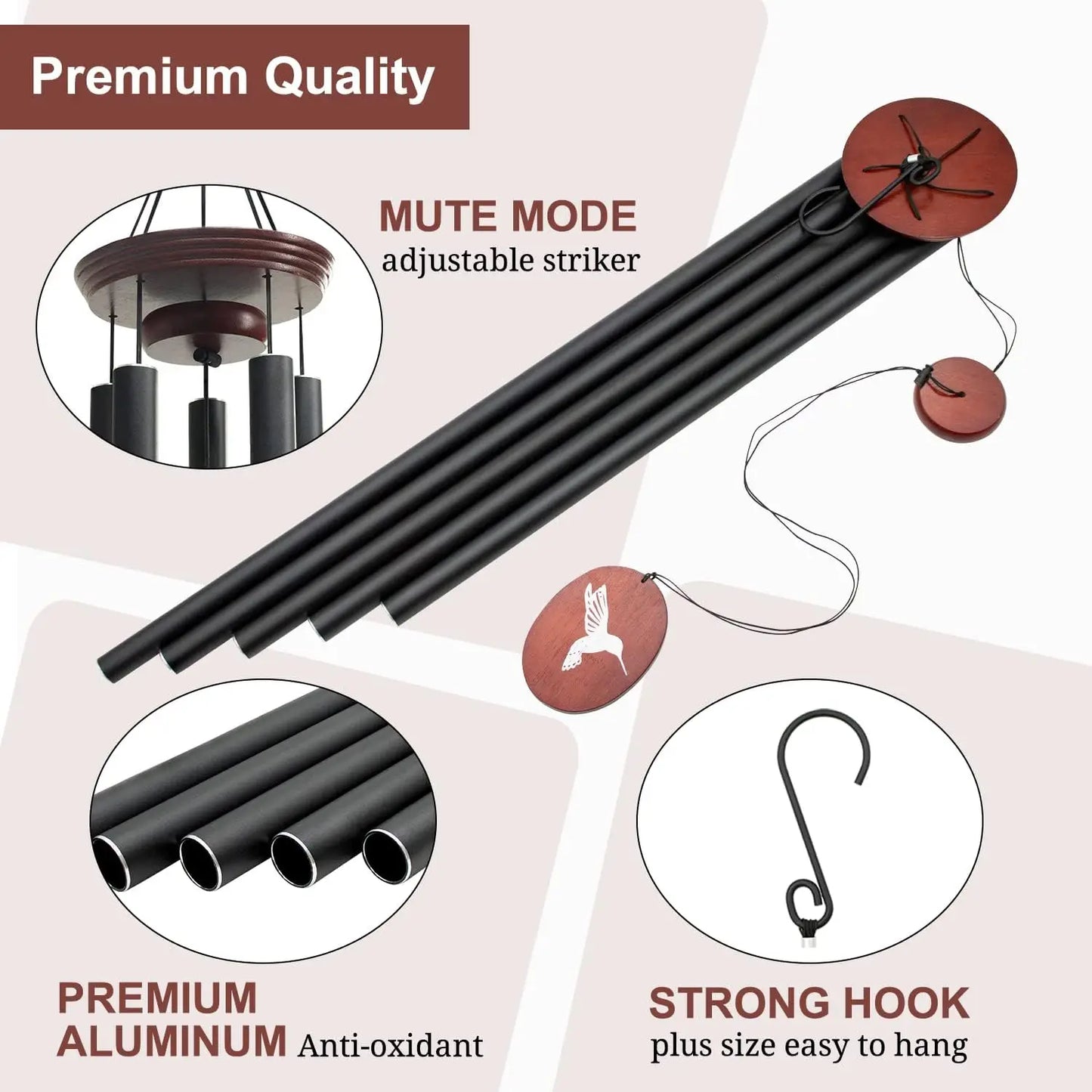 60" Outdoor, Wind Chimes, Large Wind Chimes, Deep Tone with 5 Tuned Tubes and S Hook