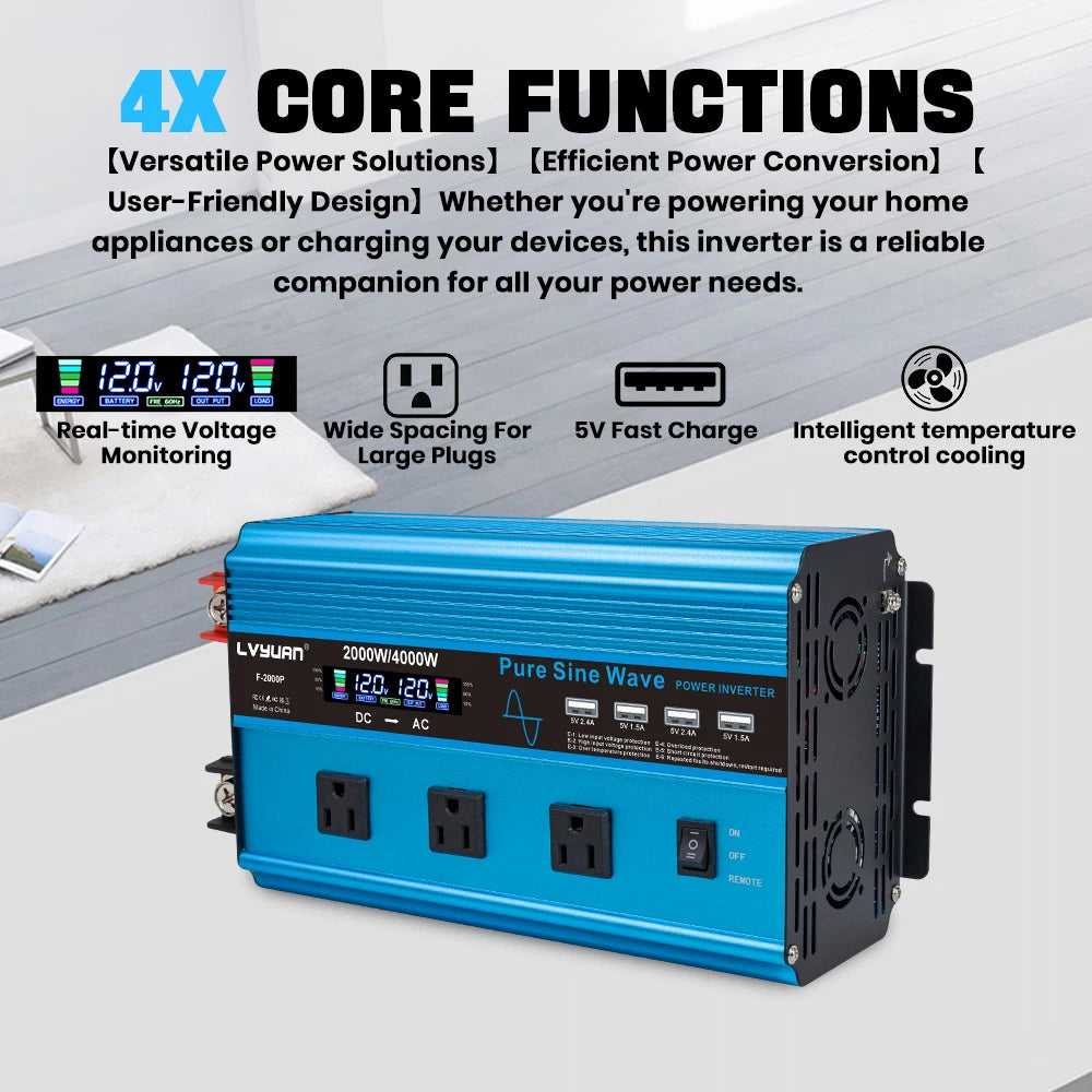 4000W Pure Sine Wave Inverter DC 12v/24v To AC 110v 60HZ Voltage Converter Car Solar Power Inverter
