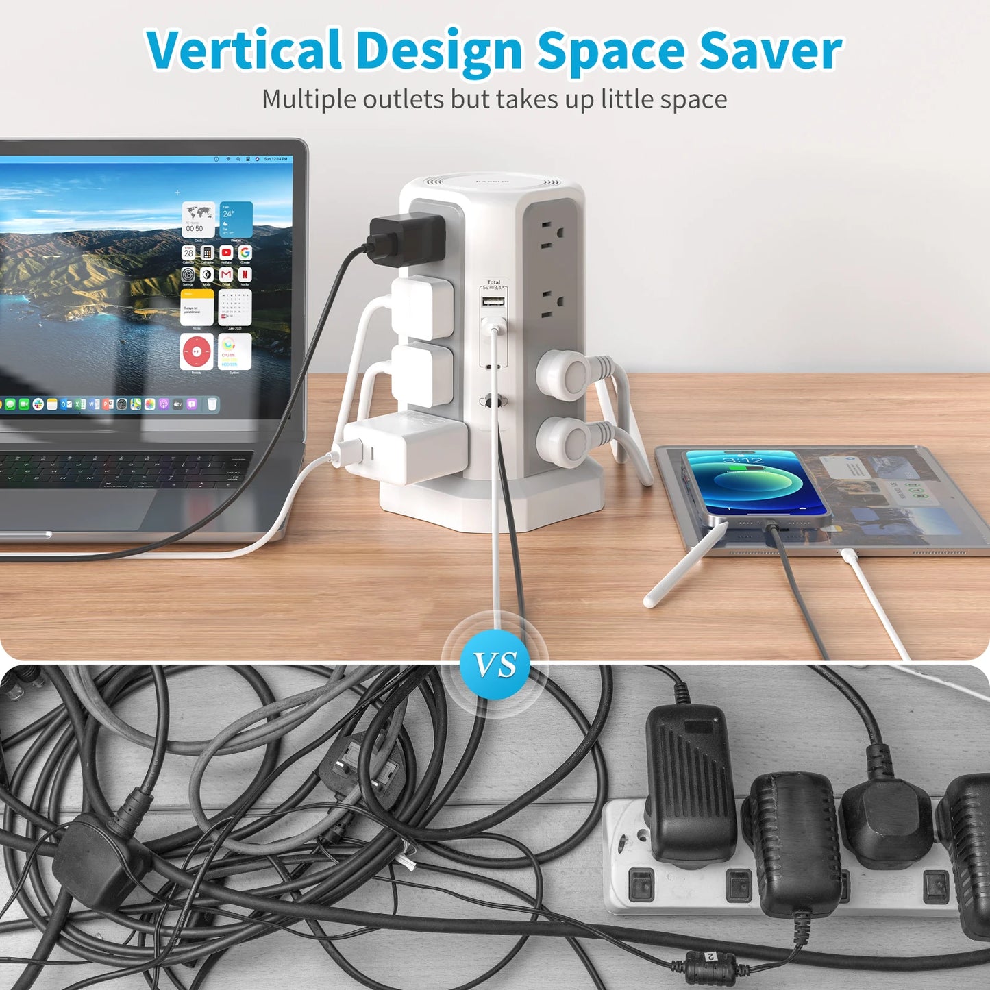 US 4-layer 3m extension tower plug-in board with PD fast charging, suitable for office, home,
