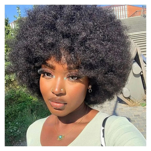 Glue less Afro Kinky Curly Wig, Human Hair, Short Fluffy Curly Wig, Pixie Cut Afro