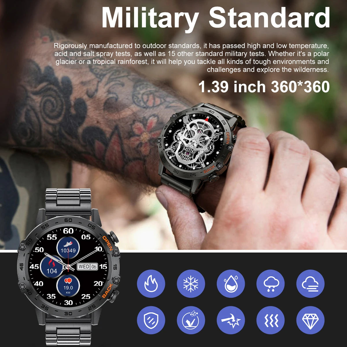 Outdoor Sports Smart Watch, Men HD Screen, Heart Rate, Bluetooth Call, IP68 Waterproof