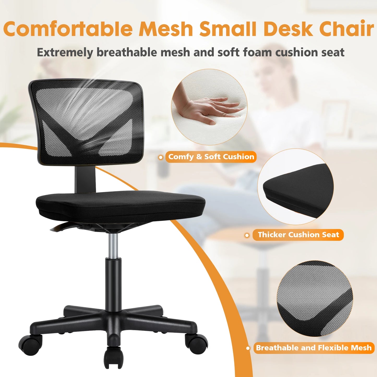 Office Chair, Mesh with Lumbar Support. Low Back with Wheels, Adjustable Height 360° Rolling Swivel Computer Chair