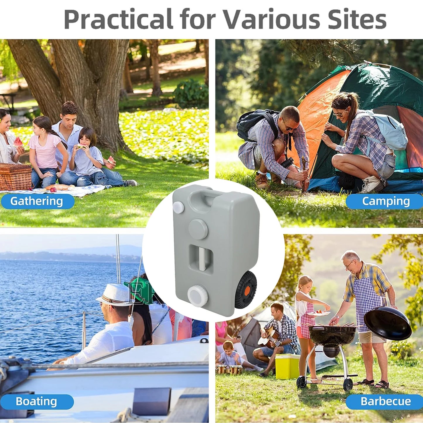 Portable RV Water Tank with Wheels, Quick Drain/Fill, Foldable Handle for Camping, Trailers and Caravans - Available in 3 Sizes.