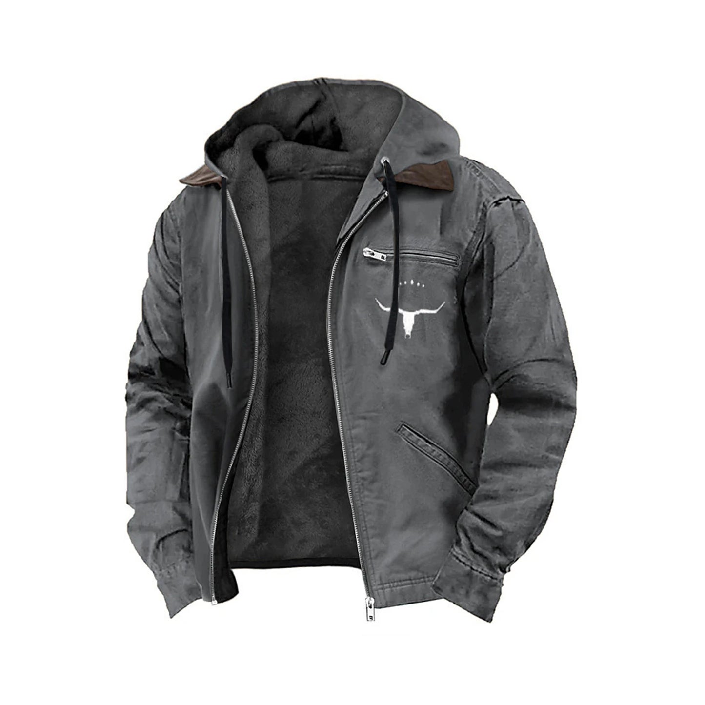 Men s Hooded Zip-Up Jacket with Bull Head Design Long Sleeves and Pockets - Stylish Outwear for Men