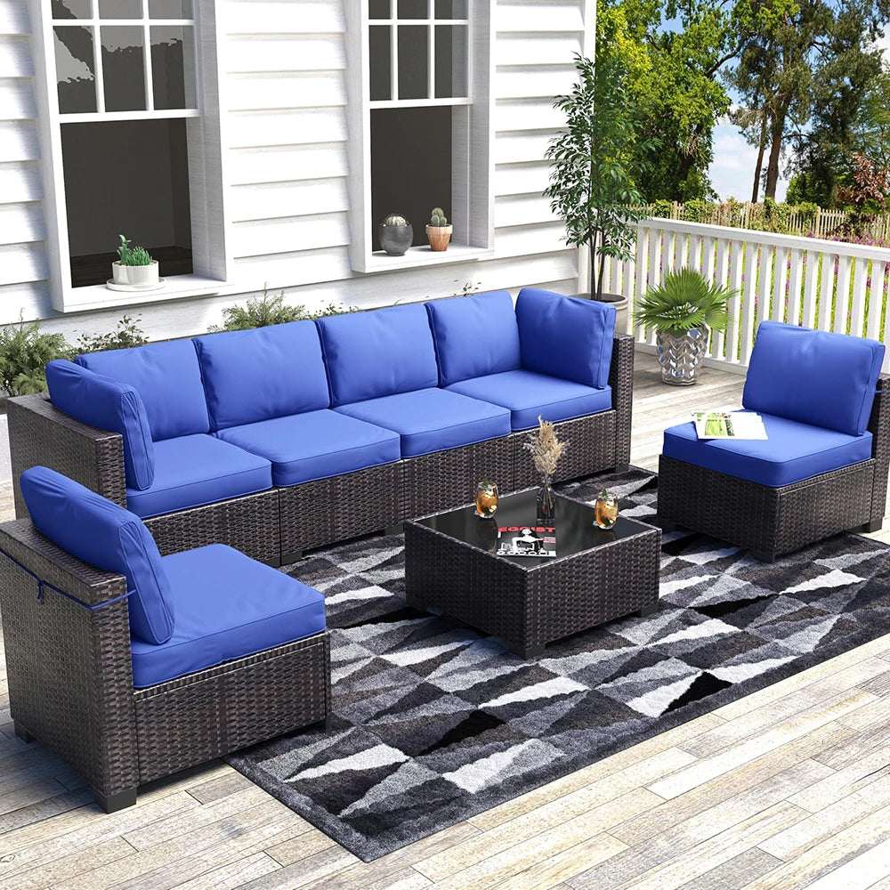 7-Piece Sectional Patio Set, Wicker Outdoor Sofa With Cushions & Glass Coffee Table