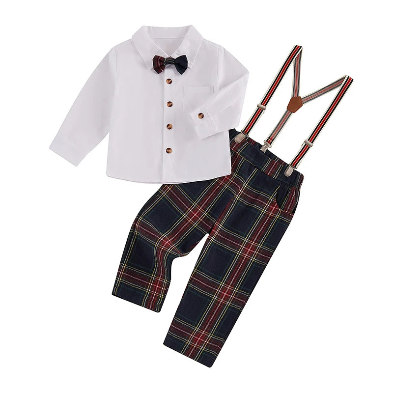 Toddler Boy Formal Wear Stylish Long Sleeve Shirt with Bowtie and Plaid Suspender Pants 2 Piece Set for Special Occasions