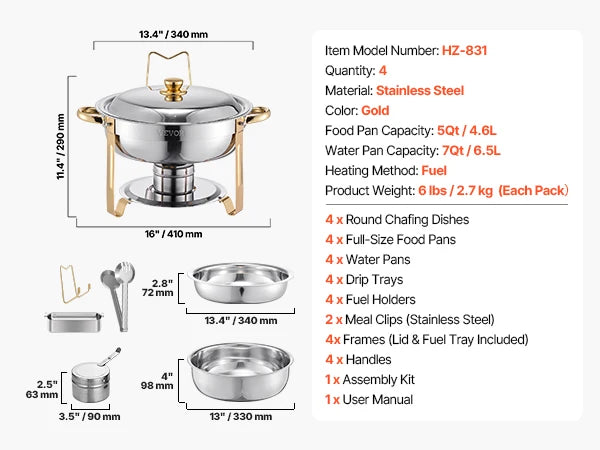 4 Pack Chafing Dish Buffet Set, Stainless Steel Chafer w/4 Full Size Pans. Round Catering Warmer Server for Party Banquets